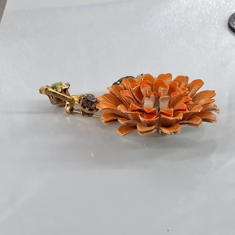 Vintage 1960s Orange Enamel Flower Brooch Large Mod Poppy‎ Rhinestone Gold Tone